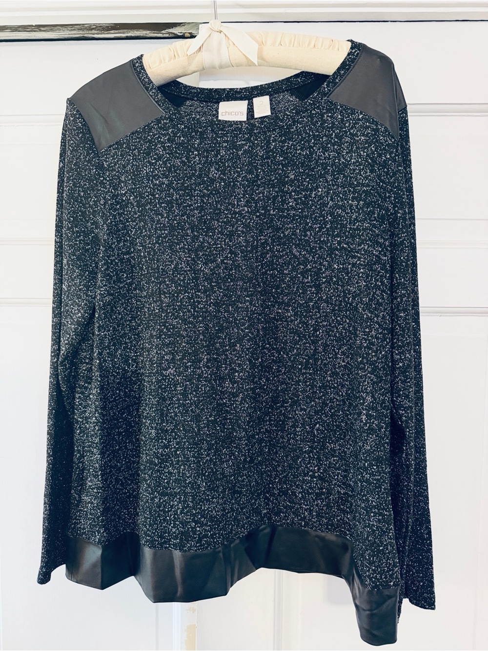 Chico's Black Metallic Knit Crewneck with Faux Leather Accents